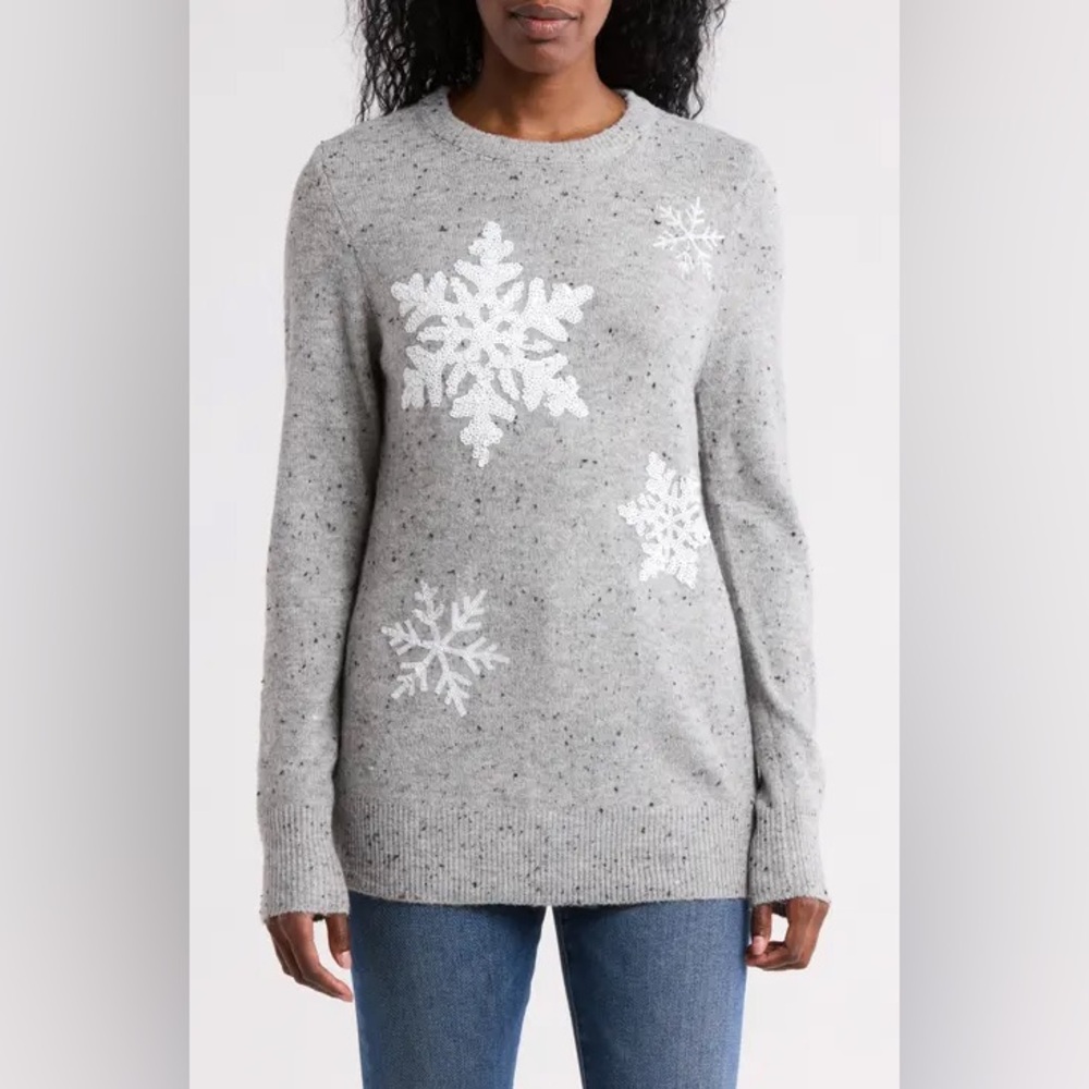 Como Vintage Holiday Sweater Gray Sequin Snowflake Pullover Women’s Medium NWOT